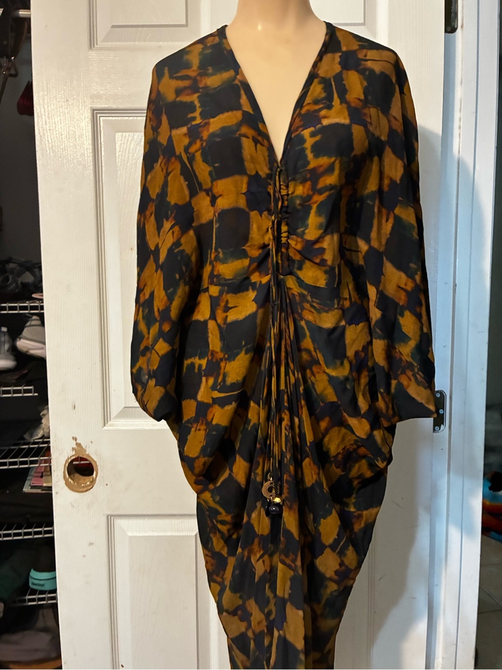 Zara Draped Women’s Black and Mustard Abstract Print Drawstring Dress falls 2026
